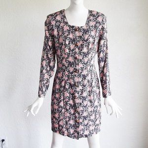 Vintage 80s 90s Button Front Floral Day Dress M 10